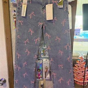 BAMBOO Blue Denim Straight Leg Jeans with Pink Bow Print